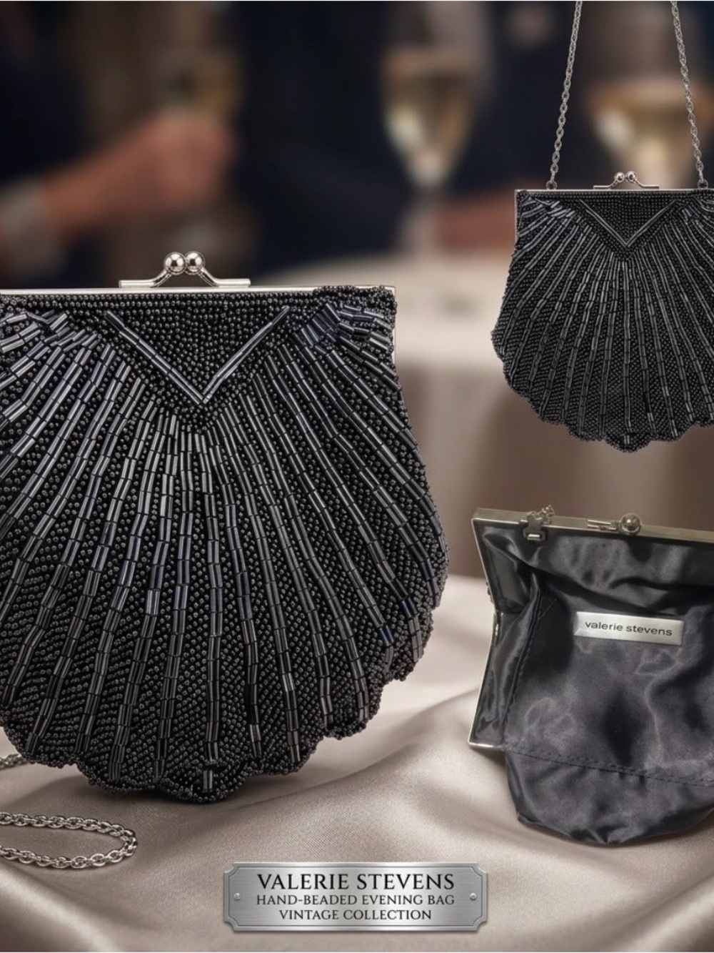 Valerie Stevens Black Beaded Shell-Style Evening Clutch